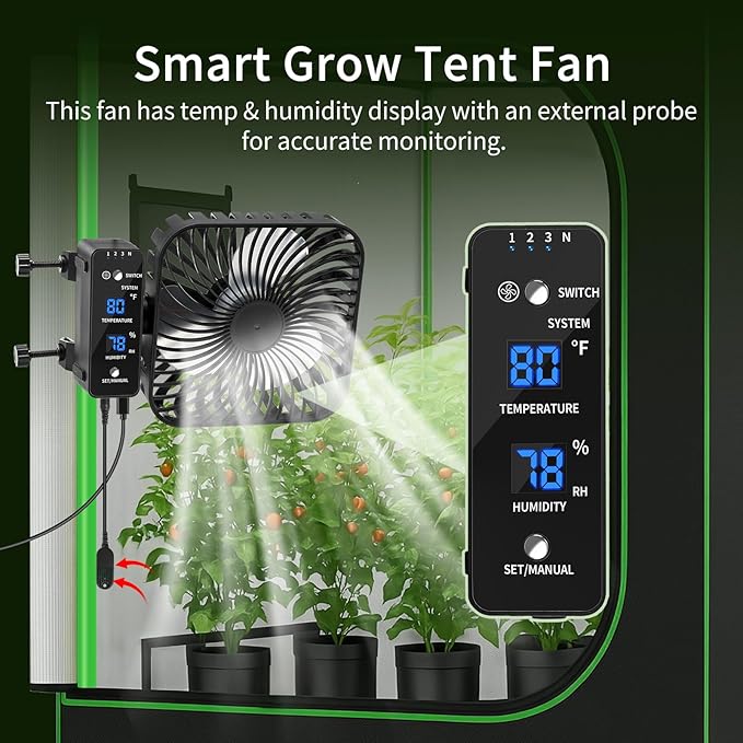 Grow Tent Fan 6” LCD Display with Sensor Adjustable Temp &amp Humidity Control 4-Speed 90° Oscillating Fan Strong Airflow for Indoor Growing Mushroom Box Desk Use