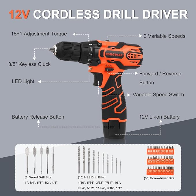 COMOWARE 12V Cordless Drill Set 169Pcs Hand Tool Set with Cordless Drill Driver Complete Repair Tool Kit for Men Storage Bag Ideal for Office Garden Dorm and DIY Project