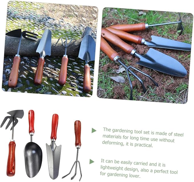 jojofuny 4pcs Garden Tool Set with Small Trowel Narrow Spade Three-Prong Cultivator and Dual-use Hoe Mini Handheld Soil Scoop for Planting Digging and Gardening Tasks