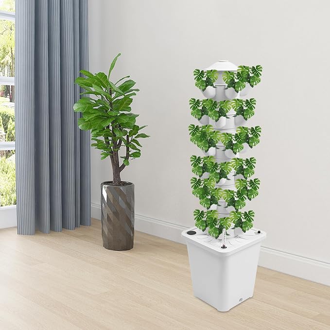 6 Tier Hydroponic Grow Tower 30 Holes Garden Hydroponic Growing Kit with Water Level Gauge Water Tank Funnel and Hose for Home Commercial Botanical Garden Hydroponics Plants
