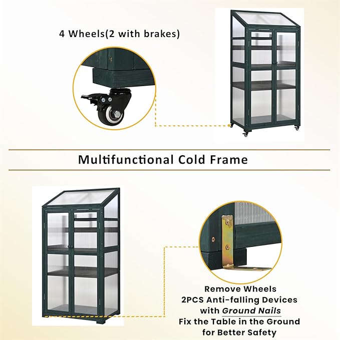 Polibi Wooden Greenhouse Cold Frame Portable Greenhouse with Wheels and Adjustable Shelves for Indoor Outdoor Patio Balcony Garden 31.5 Lx22.4 Wx62 H Forest Green