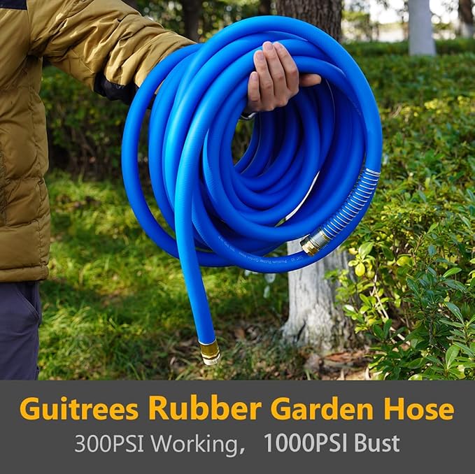 90FT 5/8 Heavy Duty Rubber Garden Hose - 200psi Working 1000psi Burst - Hot/Cold Water - Five-Layered Braiding for Durability - Versatile for Gardening Agriculture Construction(Blue)