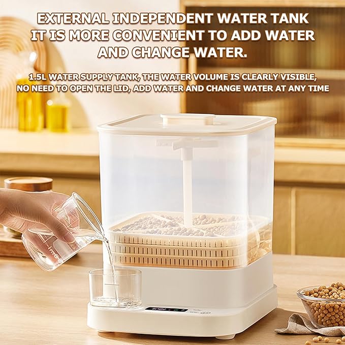 Bean Sprouts Machine 1.5L Automatic Smart Bean Cultivater 3 Layer Large Capacity Seed Sprouter Kits 360° Automatic Spray with Led Display Time for Rad