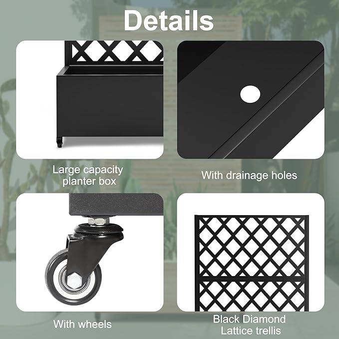 Metal Large Garden Bed with Trellis &amp Wheels Planter Box with Privacy Screen for Climbing Plants Privacy Planters for Patio 35 L Garden Boxes with Drainage Holes (Black Diamond)