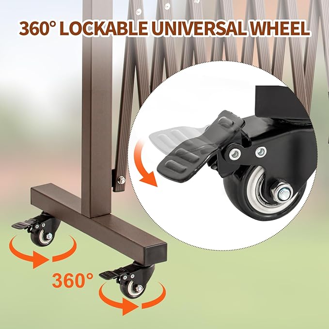 TECSPACE Aluminum Expandable Garden Fence Portable Barricade Gate with Casters Adjustable Retractable Fence Mobile Barricade Safety Barrier (Brown 130×15×41 inch)
