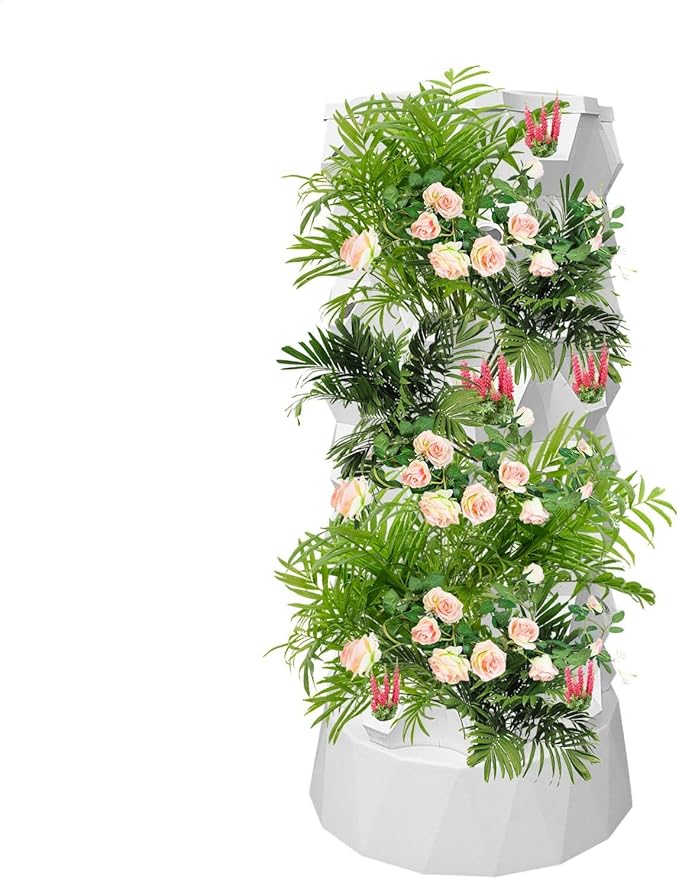 Hydroponics Tower8 Tier 64 Slots Aeroponic Tower Garden SystemTower Garden with Hydrating PumpTimerAdapterSpongeHydroponic Tower Garden for ApartmentOutdoor GardeningGrowing FruitsWhite