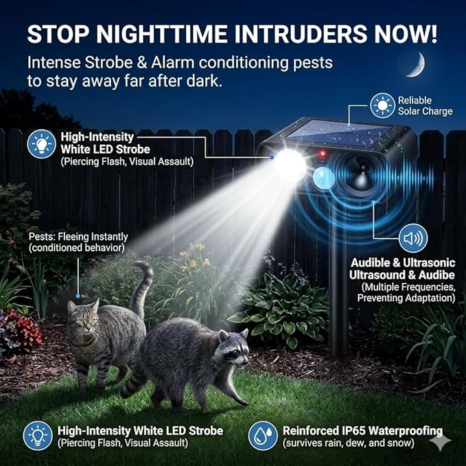 4Pack Feral Cat Repellent Outdoor Solar Ultrasonic Animal Repellent with Motion Detection and Flash LightStray Cat Deterrent Outdoor Keep Squirrel Raccoon Rabbit Away from Yard Garden Lawn