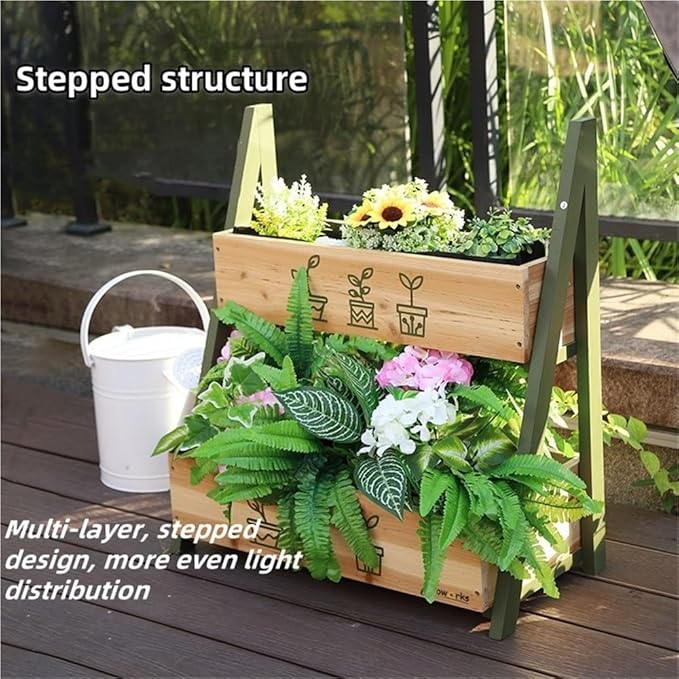 Solid Wood Raised Planter Box with Double Planter Floor-Standing Garden Bed for Outdoor Plants Modern Wooden Flower Rack for Balcony Courtyard Patio and Nursery Use(Natural)