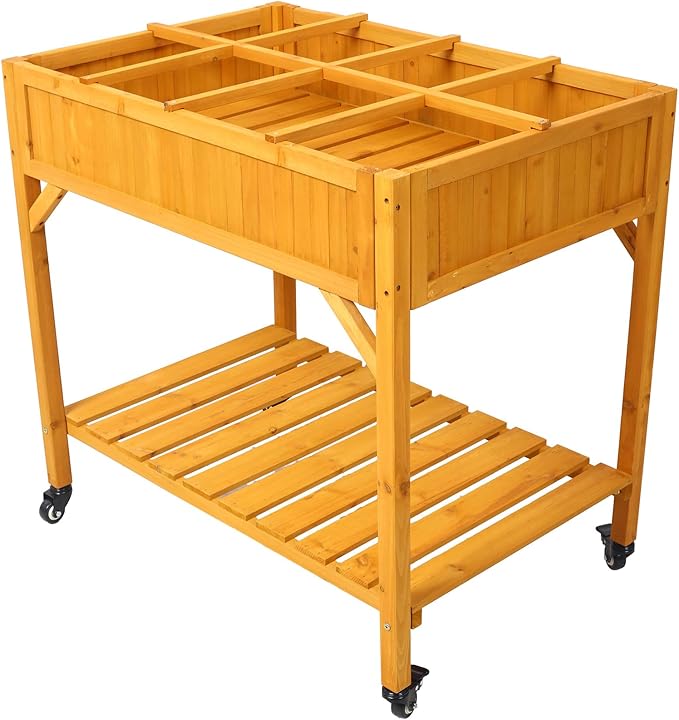 Raised Garden Bed Mobile Raised Customizable Wood Planter with Lockable Wheels Outdoor Elevated Planter Box Stand with Storage Shelf and Drainage Holes for Herbs Vegetables Flowers Brown