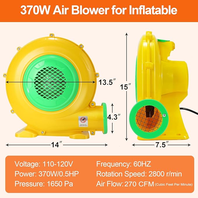 Bounce House Blower 370W/0.5HP Commercial Air Blower with Double-Sided Fan Blade Design Strong Wind and Great Heat Dissipation Properties for Bouncy Castle Jump Slides Arch Inflatables