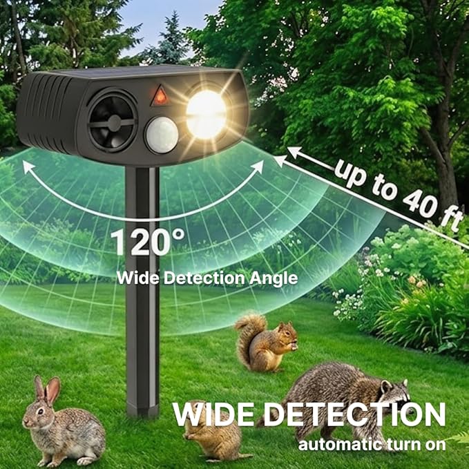 AWISH Solar Ultrasonic Animal Repeller Outdoor Motion Sensor Waterproof Pest Deterrent Raccoon Skunk Fox Squirrel Gopher Rabbit Dog Repellent for Yard Garden Farm 40ft 120° Coverage 2 Pack Black