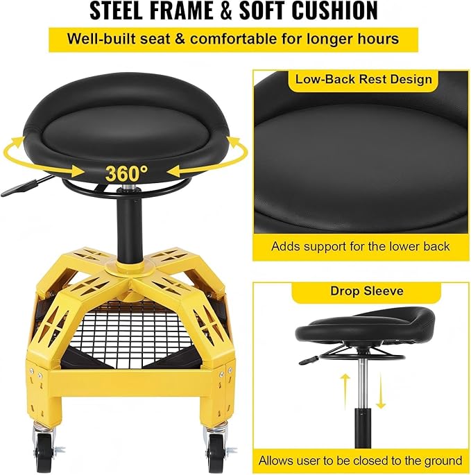 Rolling Garage Stool 300Lbs Capacity Adjustable Height 24 28.7In 360 Swivel Wheels Tool Tray for Workshop Auto Repair