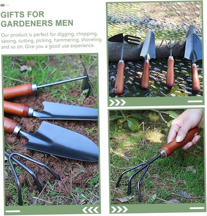jojofuny 4pcs Garden Tool Set with Small Trowel Narrow Spade Three-Prong Cultivator and Dual-use Hoe Mini Handheld Soil Scoop for Planting Digging and Gardening Tasks