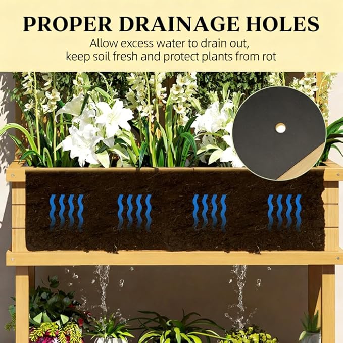 Standing Garden Bed with Built-in Trellis Elevated Wood Planter with Legs &amp Drainage Holes Comfortable Height for Climbing Vegetables &amp Flowers (Natural)