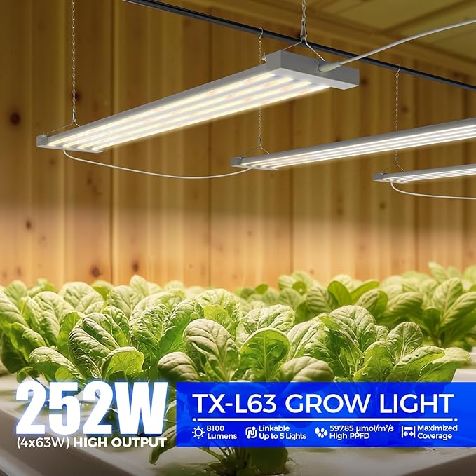 Barrina TX-L63 3FT Grow Lights for Indoor Plant 252W (4 x 63W) 4 LED Panels Wider Coverage Full Spectrum High PPFD Mechanical Timer Linkable Hanging Plant Light for Indoor Seeding 4 Packs