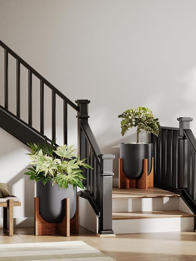 LE TAUCI 10 Inch Plant Pot with Acacia Wood Stand Ceramic Planters for Indoor Plants Plant Pots Indoor for Home Decor Mid-Century Modern Pots for Plants with Drainage Hole and Plug Charcoal Gray