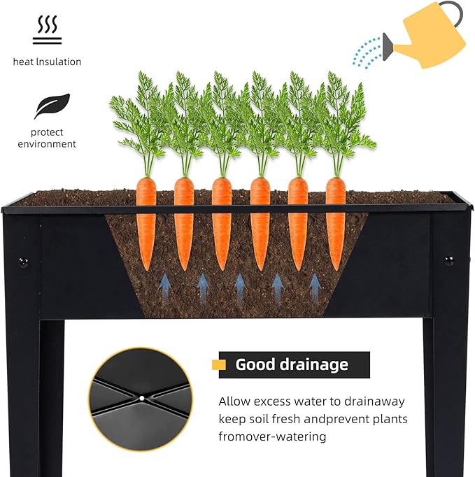 Raised Garden Bed Elevated Planter Black Metal Plant Box with Legs Standing Garden Stand Drainage Holes Black(24 L x 11 W x 18 H)