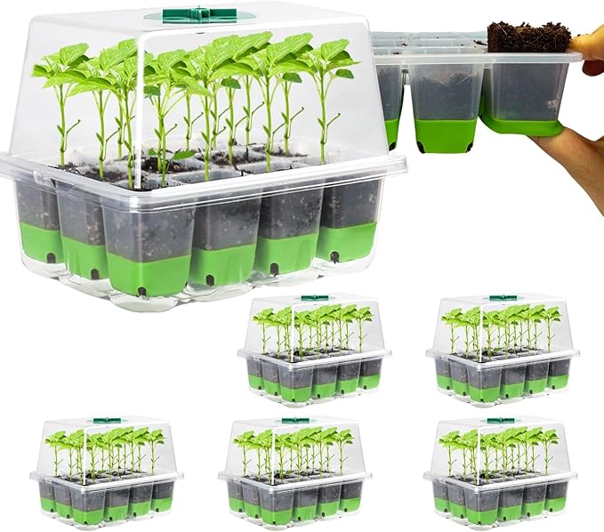 BeGrit 72 Cells Reusable Seed Starter Tray 6 Pack Seed Starter Kit with Silicone Cells Air Vent Humidity Domes for Indoor Gardening Plant Germination Trays for Seeds Starting (Clear)