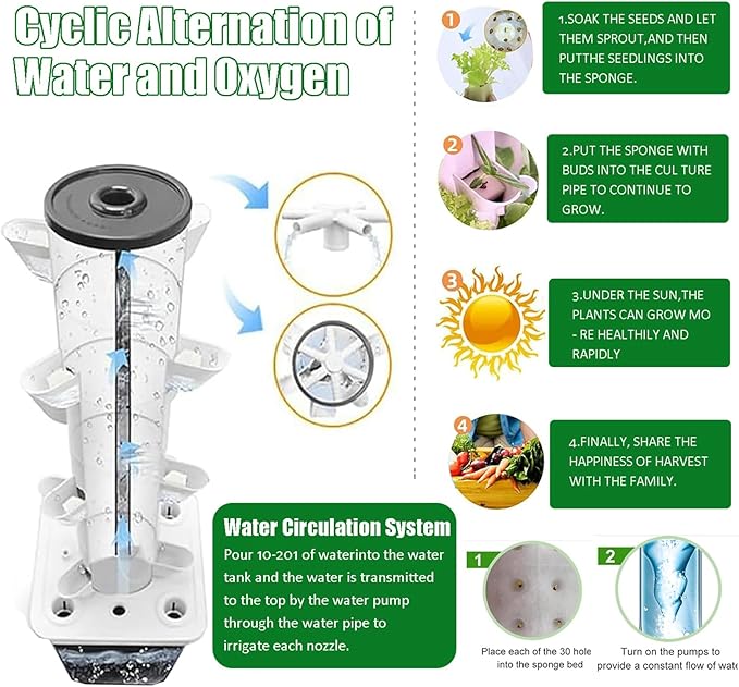 Hydroponic Growing System Kit30-Plants Indoor Vertical Tower Garden Kitsmart Germination Kit Vegetable with Pump for Herbs Fruits and Vegetables(30 Holes White)