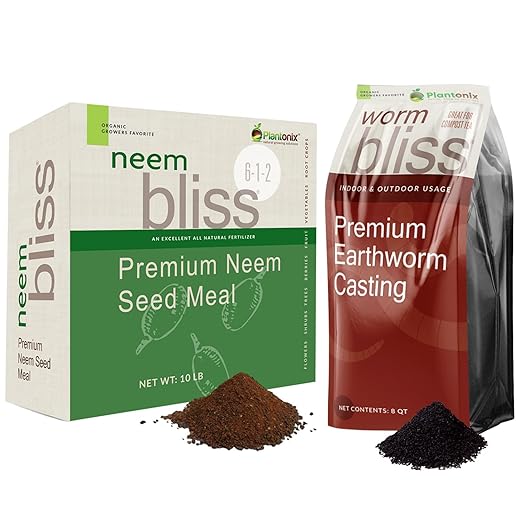Worm Bliss (8 Qts) + Neem Bliss (10lbs) - Organic Worm Castings for Plants &amp Neem Cake for Plants - Neem Seed Meal Fertilizer - Neem Powder for Plants - Earthworm Castings Organic Worm Fertilizer