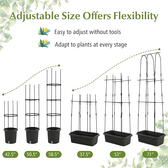 Happygrill 2 Pack Tomato Cage Metal Garden Trellis w/Adjustable Height &amp Self-Watering System for Vines Potted Plants Vegetables Tall Plant Support Tomato Trellis w/Planter Box