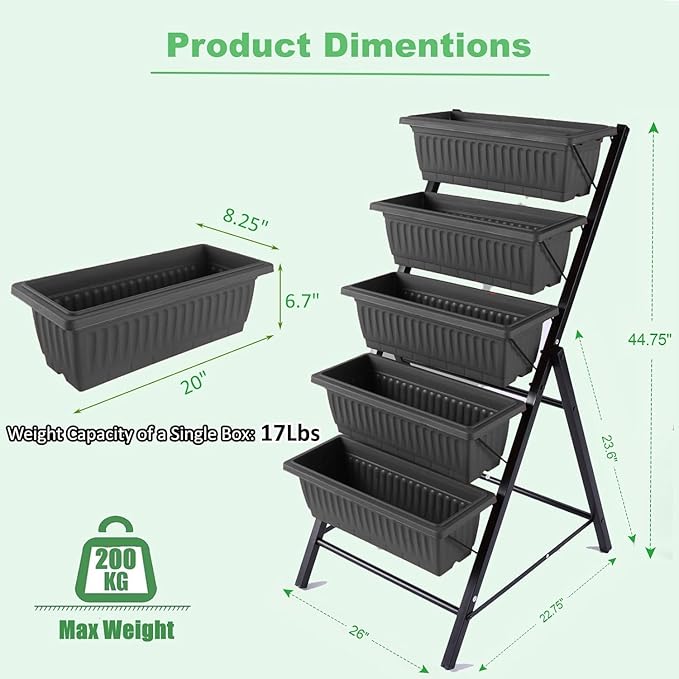 Homdox 2 Pack Elevated Garden Bed 5-Tier Freestanding Vertical Raised Bed for Gardening 5 Garden Planter Boxes and 5 Hooks Perfect to Grow Vegetables Herbs Flowers Outdoor Indoor Black