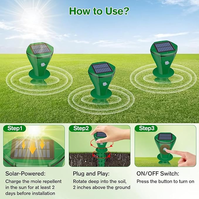 Mole Repellent Solar Powered2 Pack Ultrasonic Gopher Repeller IP65 Waterproof for Lawn Garden Yard Sonic Vole Repellent Mole Killer Outdoor Get Rid of Snake Groundhog Chipmunk Squirrels-Dark Green