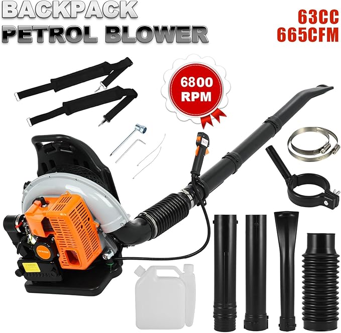 Gas Leaf Blower63cc 3-HP 2-Cycle Backpack Leaf Blower665-CFM 2800 RPMCordless Leaf Blowers for Lawn Care Patio Blowing LeavesSnow BlowerPowerful Clearing Performance Ergonomic Harness System Or