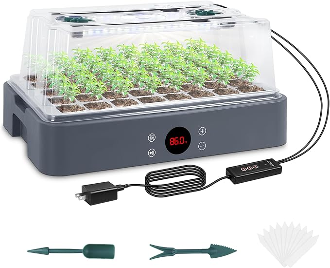 Sondiko Seed Starter Tray with Grow Light Heated Seed Starter Kit with Temperature Display Humidity Dome Germination Kit Adjustable Plant Light for Seed Starting and Seedling Growth