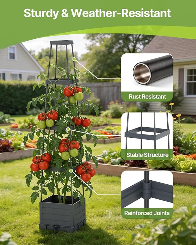 Suteck Raised Garden Bed Planter Box with Trellis 2-Pack Self-Watering Tomato Planter with Adjustable Height Steel Support Frame for Climbing Plants Tomato Cages for Patio Balcony &amp Outdoor