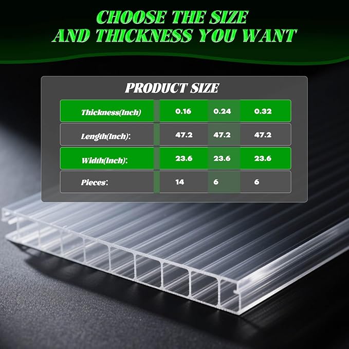 6 Pack Polycarbonate Greenhouse Panels - 4' x 2' x 0.24 Twin-Wall UV Resistant Sheets for Outdoor Garden &amp Greenhouse Covering Impact-Resistant Shatterproof and Weatherproof for Year-Round Use