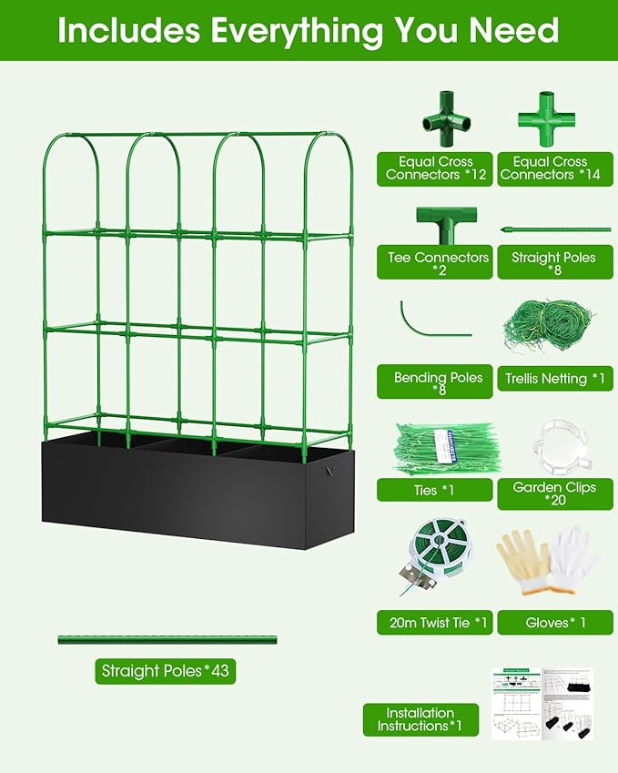 Cucumber Trellis with Grow Bags for Garden U Frame Garden Trellis for Climbing Plants Metal Plant Trellis with Garden Netting for Vegetables Flowers Fruits(4 Arches)