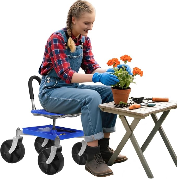 Garden Stool Rolling Garden Seat with Wheels Height Adjustable Gardening Rolling Cart on Wheels for Gardeners Elderly Seniors Blue