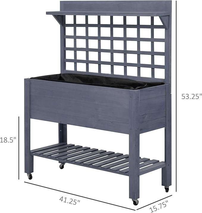Outsunny 41 Raised Garden Bed with Trellis on Wheels Wooden Elevated Planter Box with Legs and Bed Liner for Flowers Herbs &amp Vegetables Gray