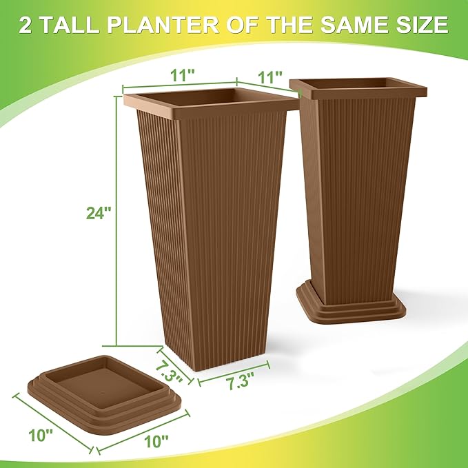 Set of 2 Tall Planters 24 Large Indoor Outdoor Flower Pots with Tray Modern Tapered Planters for Porch Patio Garden Backyard