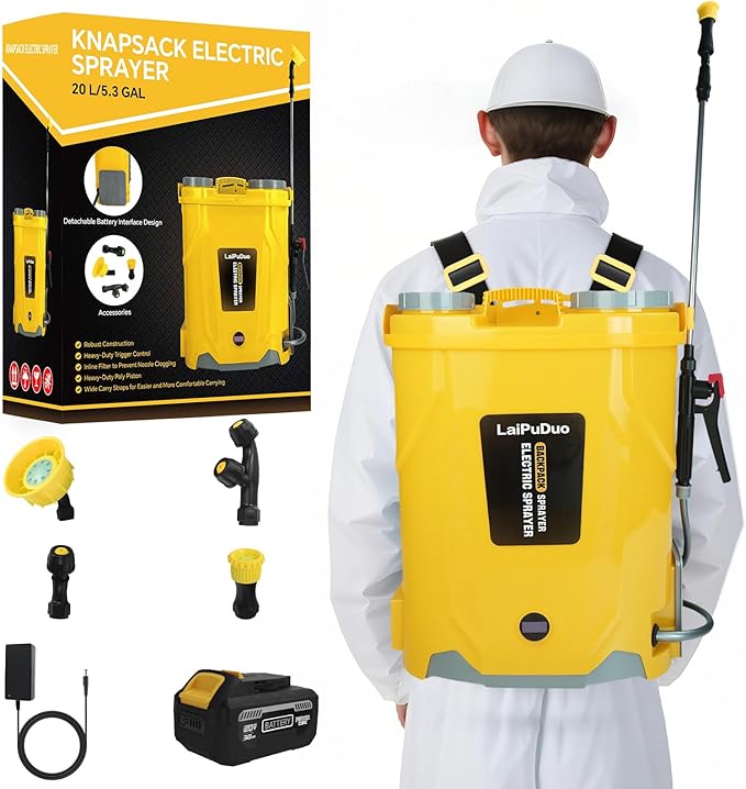 Battery Powered Backpack Sprayer 5.3 Gallon100 PSI Electric Garden Sprayer Compatible with DeWalt 20V Battery Weed Lawn Sprayer with Telescopic Wand 4 Nozzles 3.0 Ah Battery &amp Charger Included