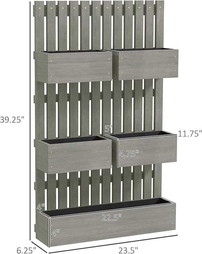 Outsunny 5 Box Raised Garden Bed with Trellis for Vine Flowers &amp Climbing Plants 39 Tall Wall-Mounted Wood Planter Box Set with Adjustable Height Drainage Hole Gray