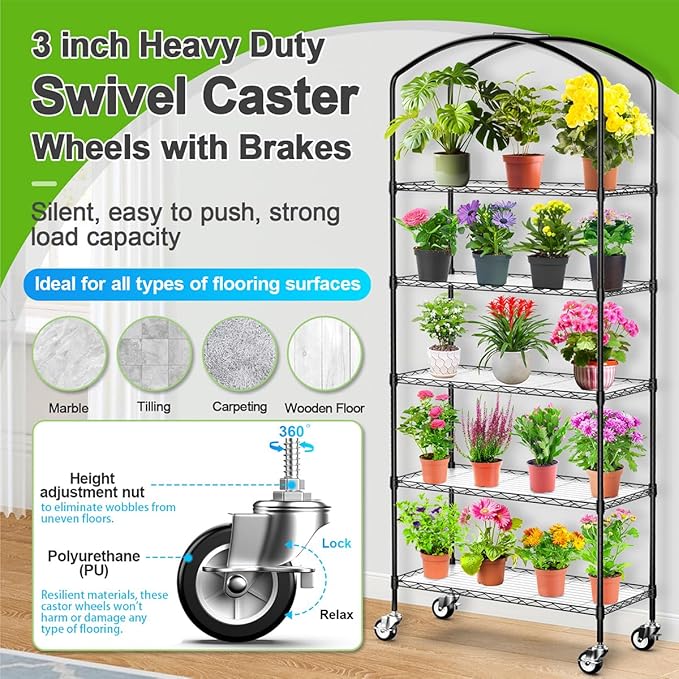 Abimars 5-Tier Greenhouse with Caster Wheel Each Shelf Height Adjustable Metal Plant Shelf with PVC Cover for Seed Starting Trays Seedling Pots Plant Pots 13x29x73inch