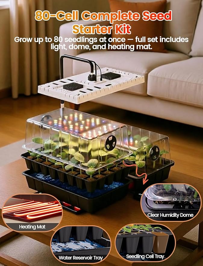48W Full Spectrum LED Grow Light Seed Starter Kit 80-Cell Tray with 30W Heating Mat &amp Adjustable Dome Waterproof Germination System for Healthy Indoor Seedlings