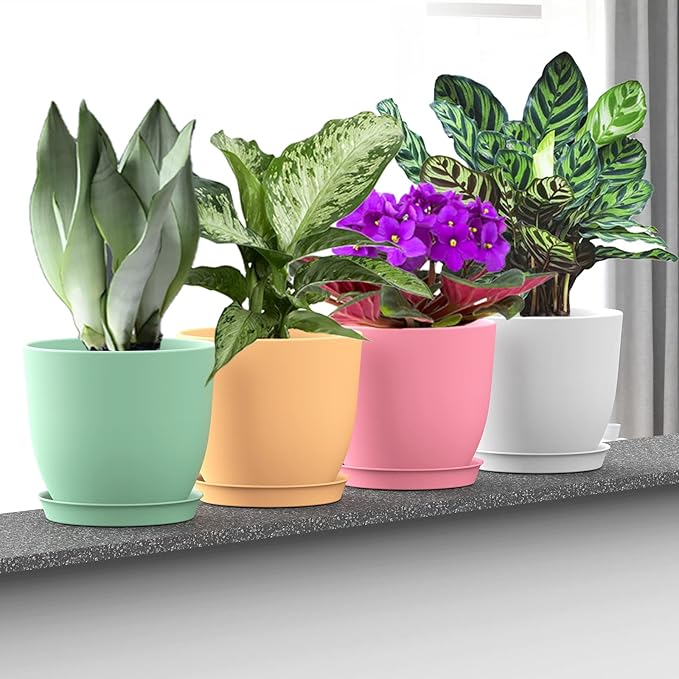 6 Inch Plant Pots 12 Pack Plastic Planters Modern Flower Pot with Drainage Holes and Saucers for All House Plants Herbs Flowers and Seeding Nursery Colorful