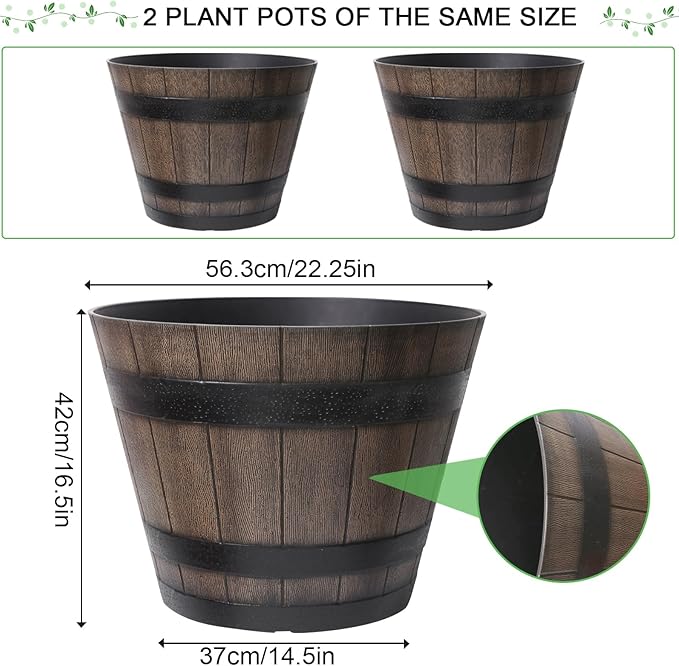 Large Plant Pots 22.25 Inch 2 Pack Plastic Whiskey Barrel Planters Big Flower Pots Wine Barrel Design for Outdoor Indoor Garden Porch Patio Backyard