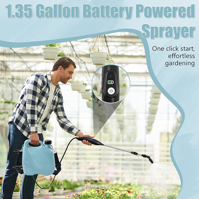 Battery Powered Sprayer 1.35 Gallon Electric Garden Sprayer in Lawn with 3 Mist Nozzles USB Rechargeable Handle Retractable Wand Yard Pump Sprayers with Adjustable Shoulder Strap for Plants