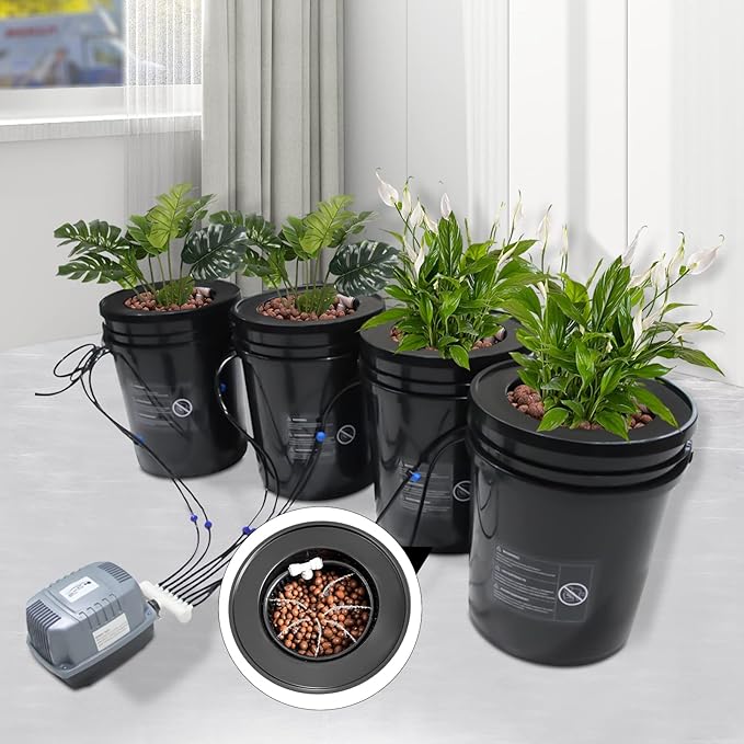 Hydroponic Gardening Systems 2-in-1 DWC Hydroponics Grow System with 5-Gallon Deep Water Culture Recirculating Drip Garden System with Top Drip Kit Air Pump 4 Buckets for Indoor/Outdoor