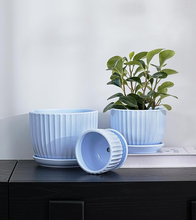 Ton Sin Sky Blue Ceramic Flower Pots 4+5+6 Inch Small Succulent Planters with Drainage HoleModern Indoor Decorative Plant Pots Set of 3Garden Pots with Saucer(Blue)
