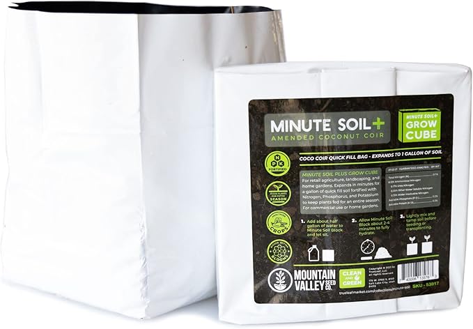 Minute Soil Plus Grow Cube - Amended Coco Coir Potting Soil - 1 Gallon Plastic Grow Bag - 5 Cubes - Self Contained Expanding Coconut Coir Grow Planter - Feeds Plants for an Entire Season