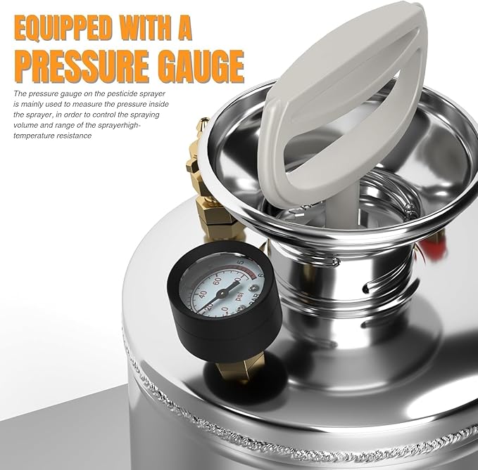 1 Gallon Hand Pump Sprayer 304 Stainless Steel Garden Chemical Sprayer with Pressure Gauge Adjustable Nozzle 13 Sprayer Wand 3.3ft Hose &amp Safety Valve