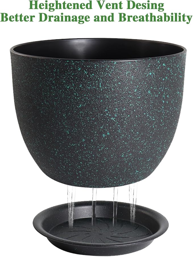 12/10/9 Large Modern Plant Pots Plastic Planters with Drainage Holes and Saucers for Indoor Outdoor Plants Flowers Black with Green Speckles
