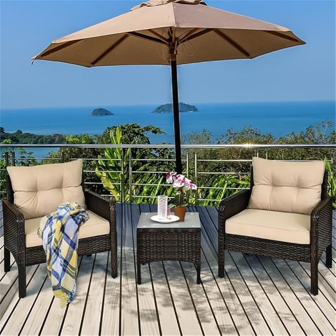 Pemberly Row 3-Piece 26'' Rattan Conversation Set Outdoor Seating Ensemble Built for Casual Comfort and Interaction Brown
