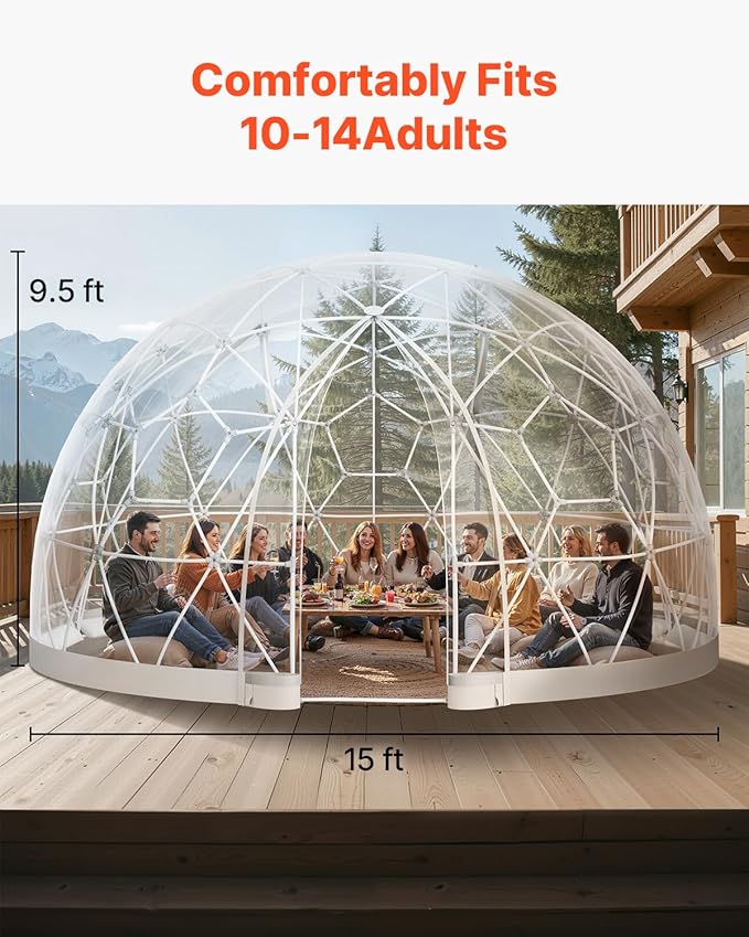VEVOR Garden Dome Tent 15 x 9.5 ft Clear Bubble Tent House for 12-14 Person Waterproof PVC Geodesic Dome Greenhouse with Ventilated Window Outdoor Igloo Tents for Patio Backyard Party Camping