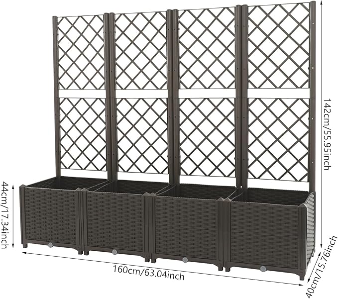 4 PCS Plastic Planter Box with Trellis Planter Box Raised Garden Bed with Trellis Planters for Climbing Plants Flowers Vegetables Fruits 62.99 × 15.75 × 55.91in (Dark Brown)